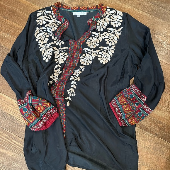 Anthropologie Tops - Anthropologie Black Blouse with Red and Cream Embroidery